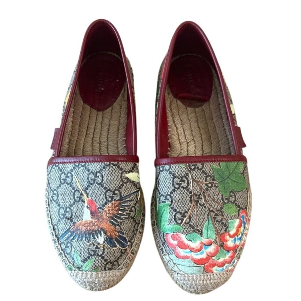 Gucci Tian GG Supreme Espadrille Flats Floral‎ Bird Print 37